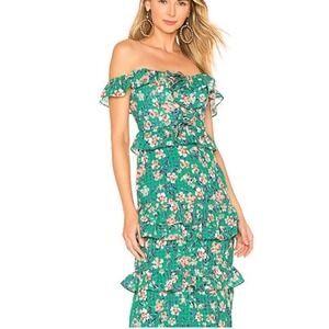 Tularosa Kelly Green Floral Ruffle Gingham Tiered Back Zip Lily Dress Women S